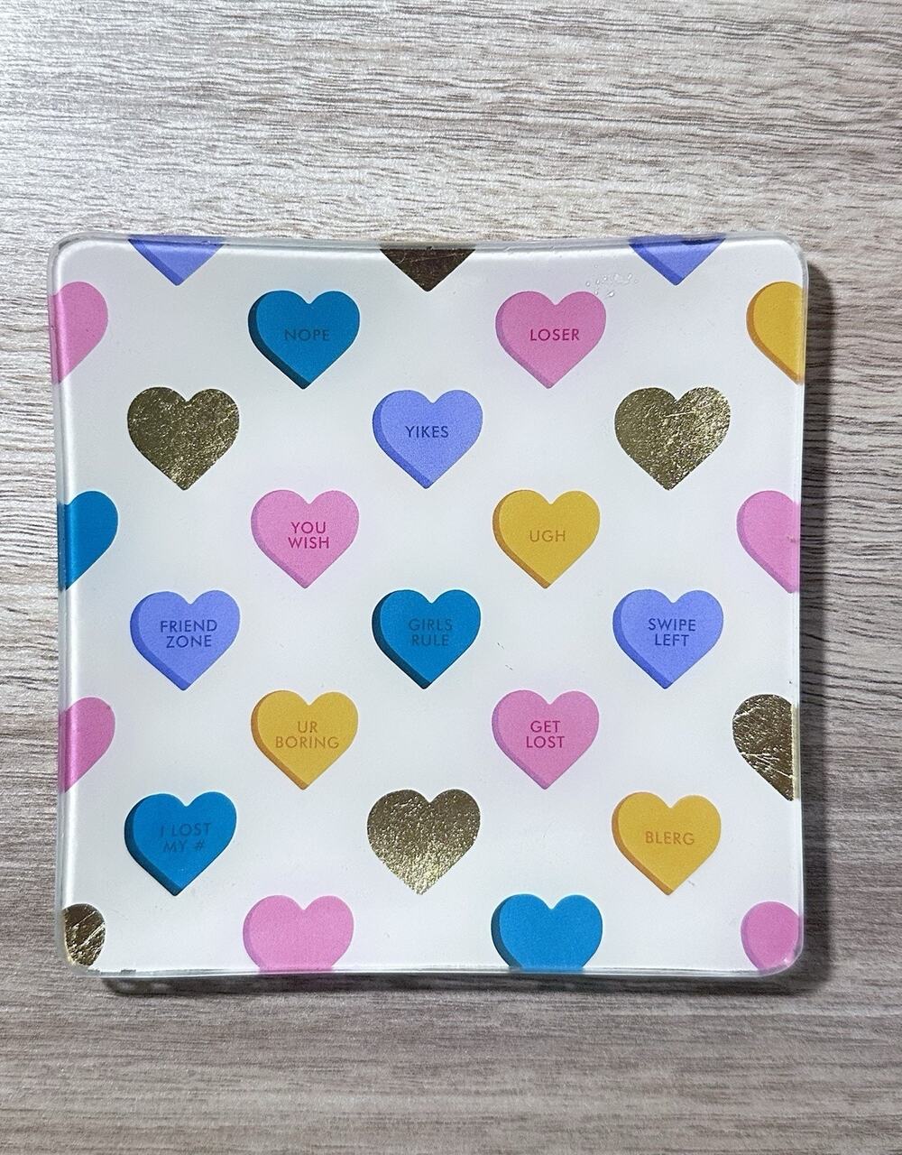 Fringe Studio Pastel Candy Hearts Friends Glass Tray, 4.5" X 4.5" New No Box